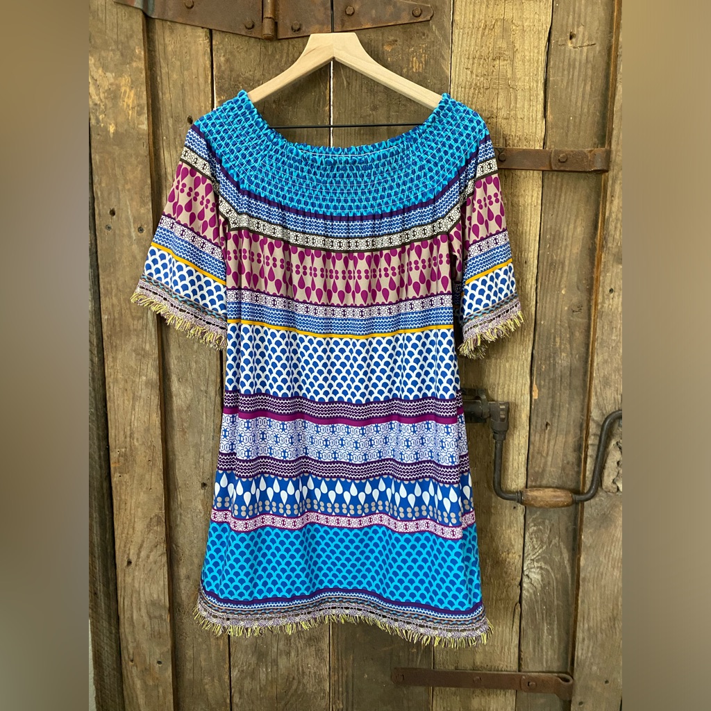 Trina Turk Off Shoulder Emilia Dress Fringe Accents Stretchy Comfy